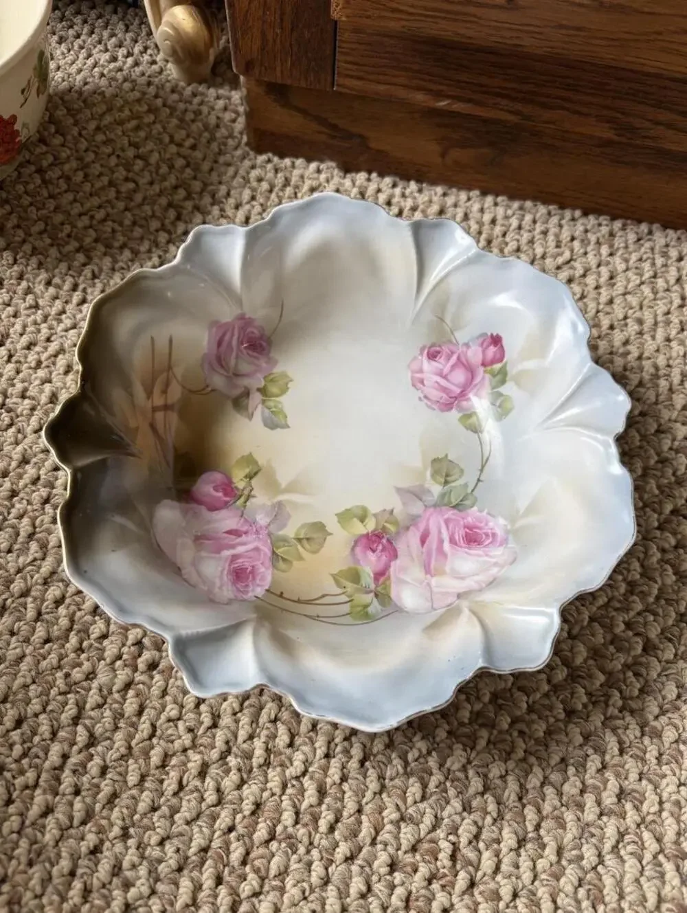 vintage RAS Germany white bowl with pink roses and green leaves